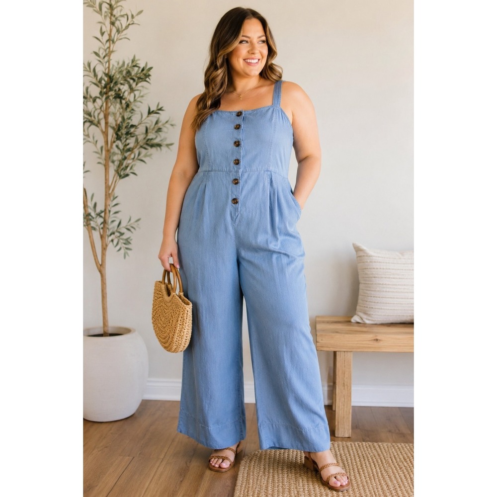 Vince Camuto Chambray Wide Leg Jumpsuit 1X Button Front Adjustable Straps